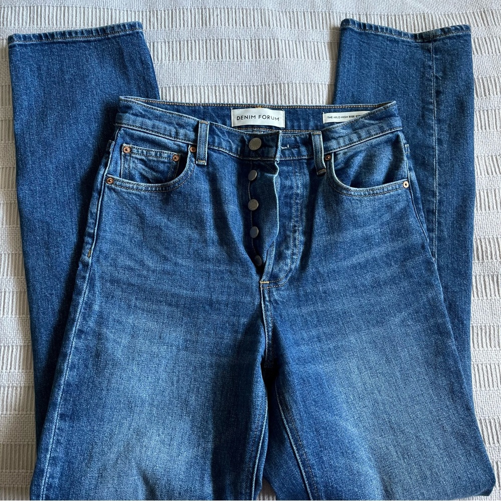 Denim Forum “Arlo” High Rise Straight Leg Jeans